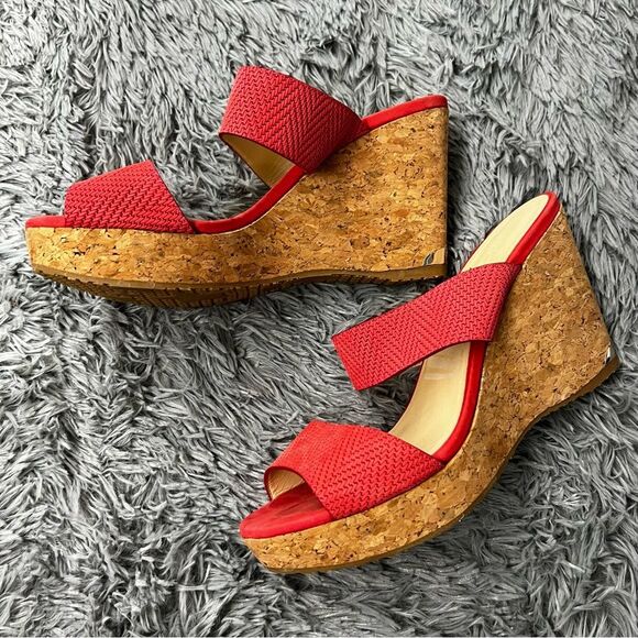 Jimmy Choo Red Strap Open Toe Wedges Size 42 (11.5) - Picture 1 of 11
